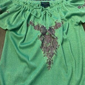 VANITA ROSA ATELIER Silk shimmery green S/S top with lace , One Size